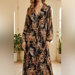 ❤️ Guess Tauryn Floral Chain Print Sheer Duster Maxi Dress XS